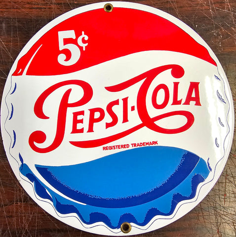 VTG Pepsi Cola Sign 5 Cent 1930s Button Cap Sign 8in Enamel Metal Collectible