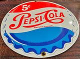 VTG Pepsi Cola Sign 5 Cent 1930s Button Cap Sign 8in Enamel Metal Collectible