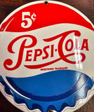 VTG Pepsi Cola Sign 5 Cent 1930s Button Cap Sign 8in Enamel Metal Collectible