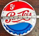 VTG Pepsi Cola Sign 5 Cent 1930s Button Cap Sign 8in Enamel Metal Collectible