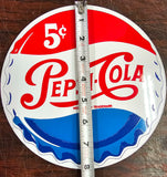 VTG Pepsi Cola Sign 5 Cent 1930s Button Cap Sign 8in Enamel Metal Collectible