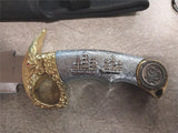 Vintage Large Fixed Blade Life Knife China Silver Gold Ships Cutlass Case