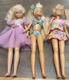 1980s Mattel 3 Party Girl Barbies Purple Dress Blue Swimsuit Summer Hiking Acces