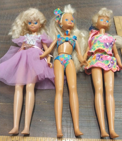 1980s Mattel 3 Party Girl Barbies Purple Dress Blue Swimsuit Summer Hiking Acces