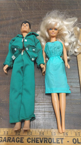 1990s Mattel Barbie Blue Eyes Blonde Ken Brown Ponytail Green Dress Pant Suit