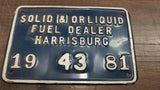 Vtg Solid Liquid Fuel Dealer Harrisburg 1981 Plates Tags Gas Oil Sign Tin Blue