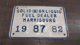Vtg White Tin Oil Sign 1982 Solid Liquid Fuel Dealer Harrisburg Plates Tags