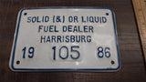 1986 Vtg White Solid Liquid Fuel Dealer Harrisburg Tin Plates Tags Oil Gas Sign
