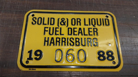 Vtg Gold Oil Gas Tags Plate 1988 Solid Liquid Fuel Dealer Harrisburg Tin Sign