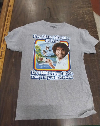 Bob Ross Small Grey T-shirt Painting Lets Make Them Birds Landscape Color
