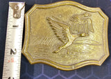VTG Rare 1970s Flying Geese Ducks Solid Brass Hunting Wildlife Belt Buckle