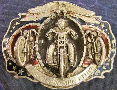 VTG 1987 Bergamot Live to Ride Motorcycle Harley Chopper Shovelhead Belt Buckle