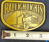 VTG 1970s Raleigh Lights Brass Belt Buckle Semi Truck Tractor Trailer Trucker