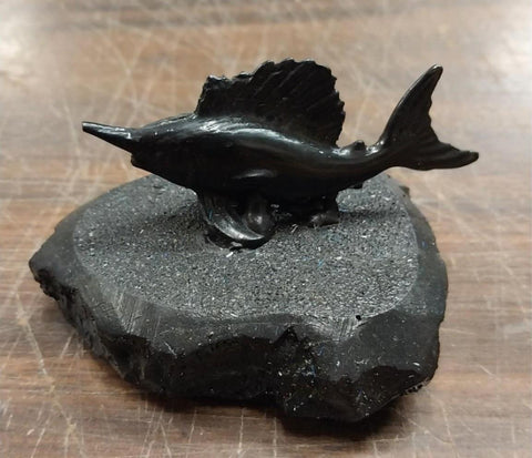 Black Sword Fish Carved Pa Hard Coal Figurine Fishing Statue Hand Crafted New