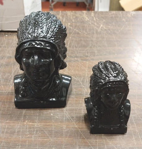 2 Native Heads Large Chief Small Women Black Carved Pa Hard Coal Figurine New