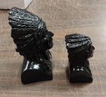 2 Native Heads Large Chief Small Women Black Carved Pa Hard Coal Figurine New