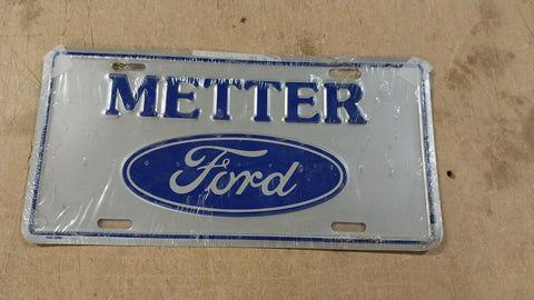 Vtg Blue Grey Metter Ford Logo Truck License Plate Tin Man Cave 94A-0096