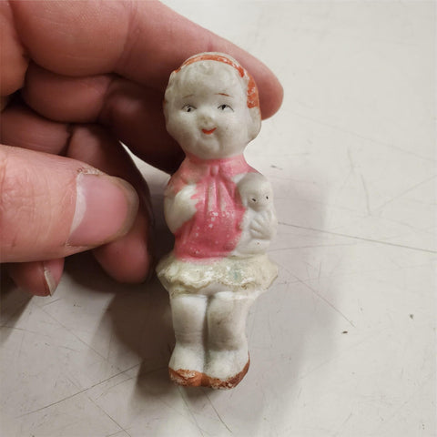 VTG Bisque & Frozen Charlotte Doll Japan Sitting Holding Lamb 1920s Pink Green R