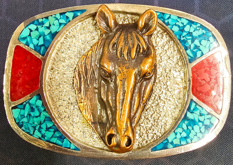 VTG Horse Belt Buckle Silver Gold Turquoise Red Metal Rodeo Western Cowboys