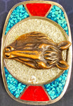 VTG Horse Belt Buckle Silver Gold Turquoise Red Metal Rodeo Western Cowboys