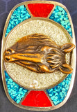 VTG Horse Belt Buckle Silver Gold Turquoise Red Metal Rodeo Western Cowboys