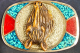 VTG Horse Belt Buckle Silver Gold Turquoise Red Metal Rodeo Western Cowboys