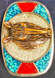 VTG Horse Belt Buckle Silver Gold Turquoise Red Metal Rodeo Western Cowboys