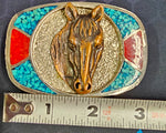 VTG Horse Belt Buckle Silver Gold Turquoise Red Metal Rodeo Western Cowboys