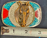 VTG Horse Belt Buckle Silver Gold Turquoise Red Metal Rodeo Western Cowboys