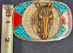 VTG Horse Belt Buckle Silver Gold Turquoise Red Metal Rodeo Western Cowboys