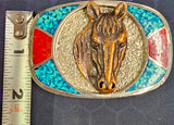 VTG Horse Belt Buckle Silver Gold Turquoise Red Metal Rodeo Western Cowboys