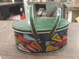 Vintage Oval Metal Tin Basket College Flags Pennant Lunch Box Tote Green Antique