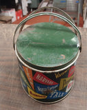 Vintage Oval Metal Tin Basket College Flags Pennant Lunch Box Tote Green Antique