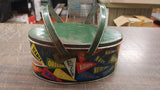 Vintage Oval Metal Tin Basket College Flags Pennant Lunch Box Tote Green Antique