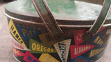 Vintage Oval Metal Tin Basket College Flags Pennant Lunch Box Tote Green Antique