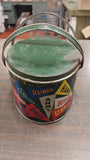 Vintage Oval Metal Tin Basket College Flags Pennant Lunch Box Tote Green Antique