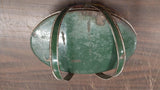 Vintage Oval Metal Tin Basket College Flags Pennant Lunch Box Tote Green Antique