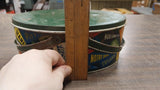 Vintage Oval Metal Tin Basket College Flags Pennant Lunch Box Tote Green Antique