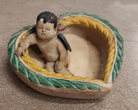 Vtg 1920's Angel Green Yellow Leaf Border Bow Heart Shape Trinket Jewelry Dish