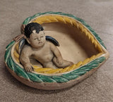 Vtg 1920's Angel Green Yellow Leaf Border Bow Heart Shape Trinket Jewelry Dish