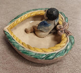 Vtg 1920's Angel Green Yellow Leaf Border Bow Heart Shape Trinket Jewelry Dish