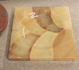 Vintage Orange Brown Marble? Square Ashtray Round Wood Holder Push Lighter