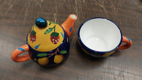 Bella Casa By Ganz Ceramic Tea Single Set Strawberries Lemons Cup Tea Pot Fruit