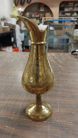 8" Vintage Brass Pitcher Vase Hand Etched Leaf Markings Sarnabra69 India 237T-8
