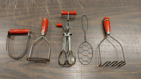 5 Vintage Red Wood Great Depression Kitchen Utensils Androck Made USA Cooking