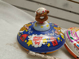 Vintage Spinning Top Tin Sleepy Teddy Top Ohio Art USA Kids Toy Train Pair