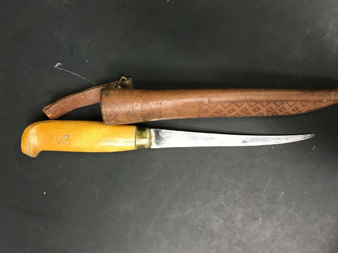 VINTAGE J MARTTIINI FISHING KNIFE IN LEATHER SHEATH FINLAND WITH SIGNED BLADE
