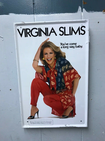 VINTAGE 1970 VIRGINIA SLIMS TIN SIGN YOU'VE COME ALONG WAY BABY AD TOBACCIANA