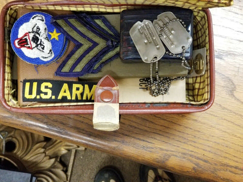 Vintage US Army Medic  Box w/ lapel pins,uniform patches,dog tags,manuals..etc.