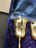 2 Vintage Silver Plate Wine Goblets Chalices Etched Wreath Needs Shined Blue Box